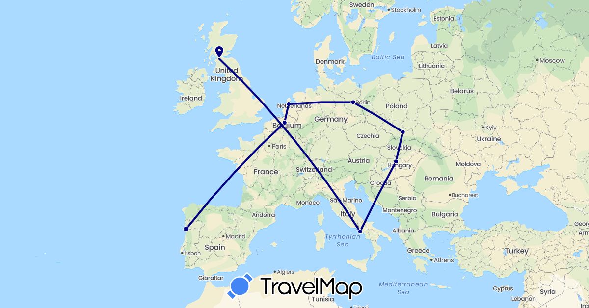 TravelMap itinerary: driving in Belgium, Germany, Hungary, Italy, Netherlands, Poland, Portugal (Europe)